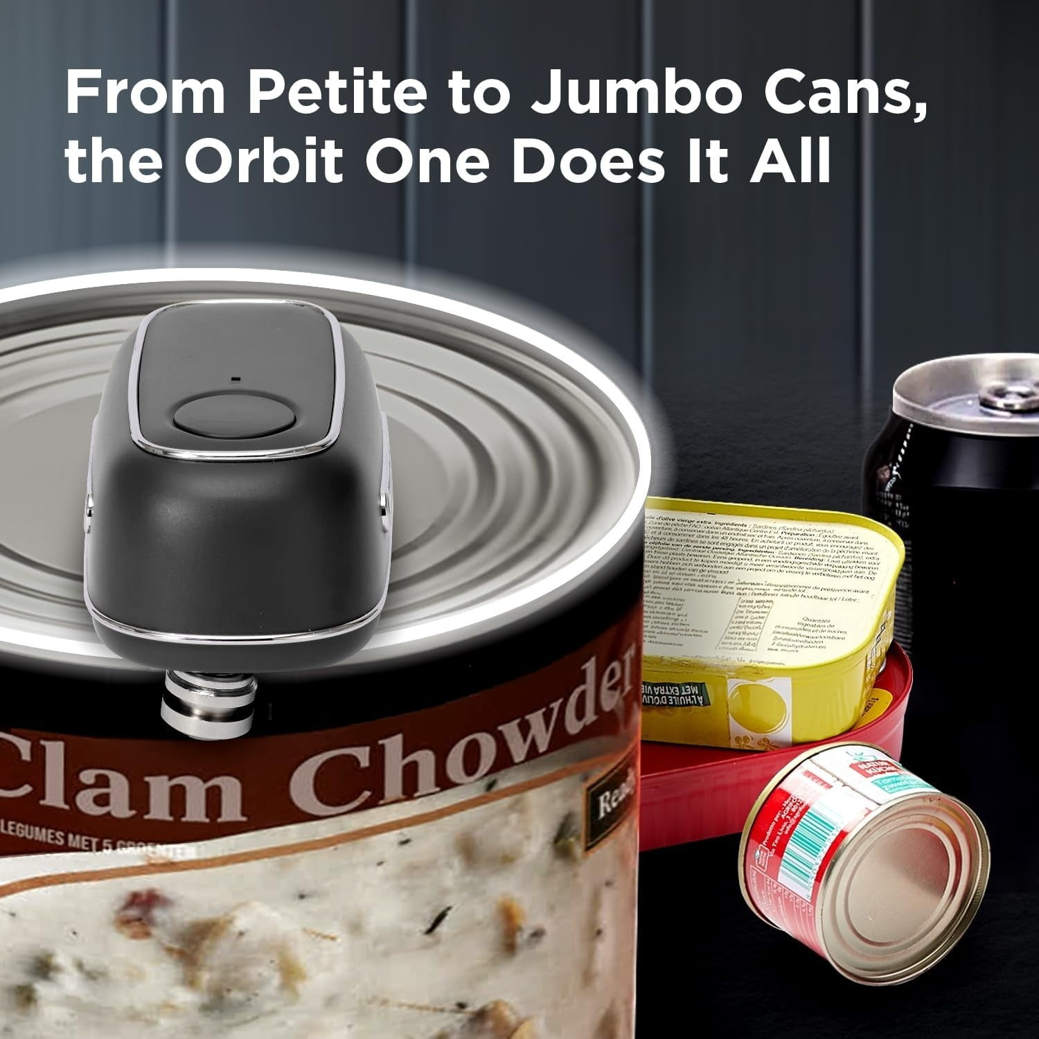 Orbit One Rechargeable Electric Can Opener: Hands-free, USB-C Charging, Automatic Stop, Smooth Edge, Safety, Blade for Large Cans, Heavy Duty, Soda and Pop Can, with Storage Box (Black)