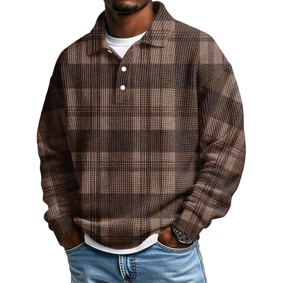 QHRMKOG Men Sweatshirt Vintage Button Plaid Shirt Pullover Relaxed Fit Casual Stand Up Collar Sweatshirt Autumn Warm Long Sleeve Top Brown 2XL