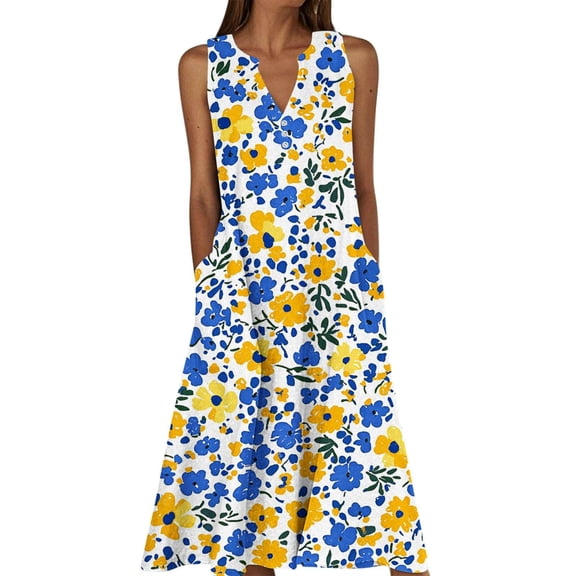 Makaor Floral Dresses for Women A Line Midi Dresses Plus Size Sleeveless Dress V Neck Lounge Dress Yellow 2XL