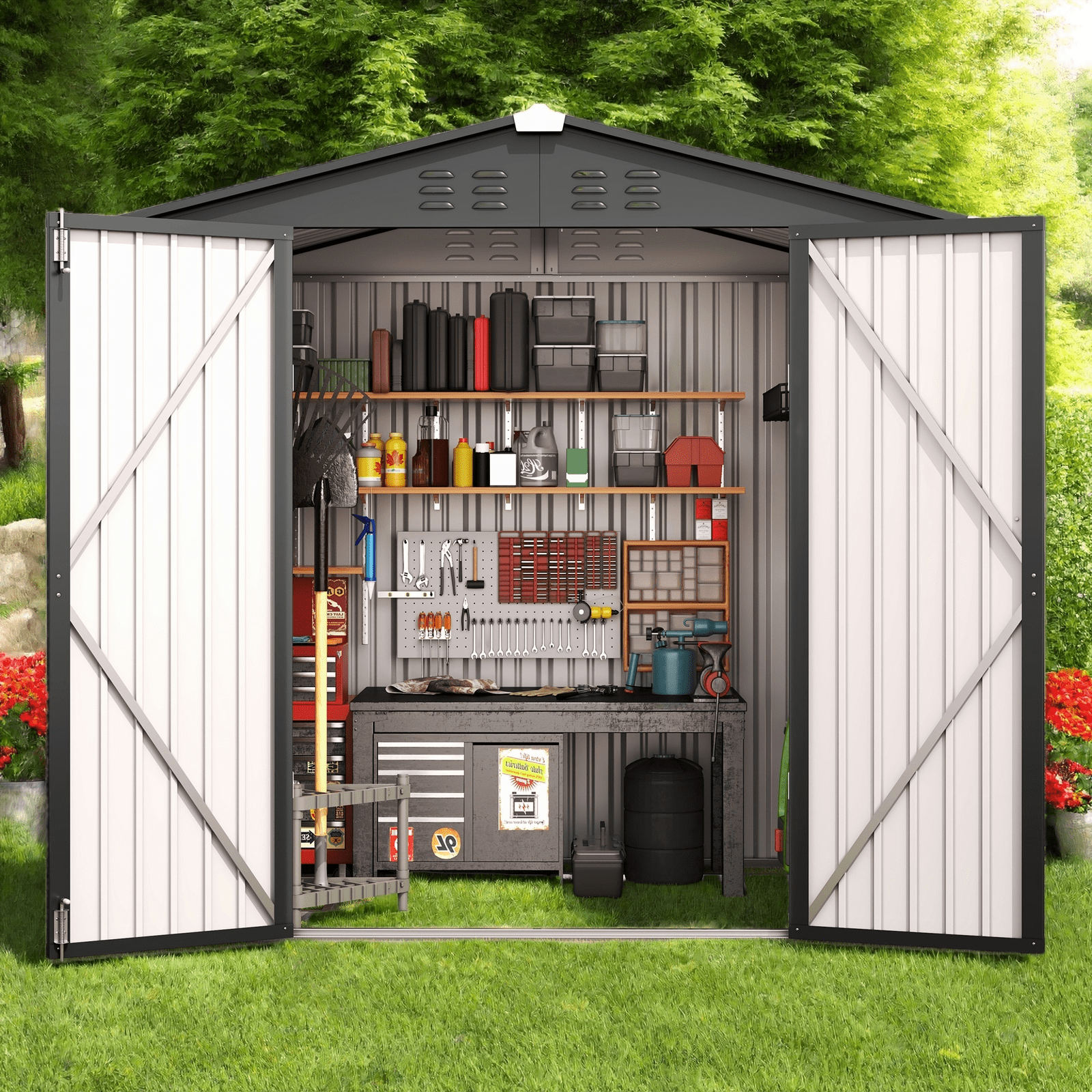 6x4FT Metal Outdoor Storage Shed, Garden Tool Shed with Lockable Doors & Slooping Roof for Backyard,Patio,Dark Grey