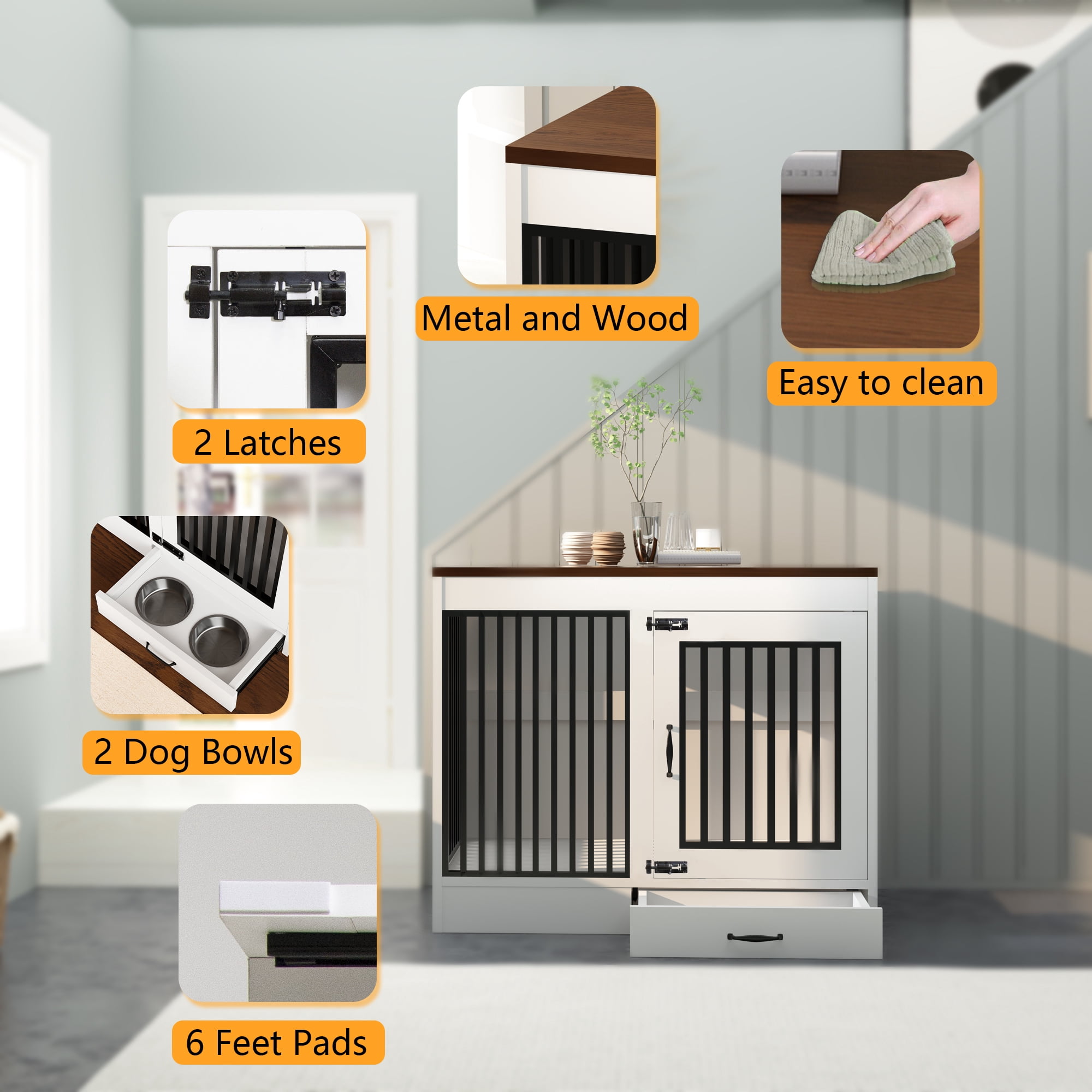yookare White Pet Home, Heavy Duty Furniture Dog Crate, End Table with Pull-Out Drawer, Large