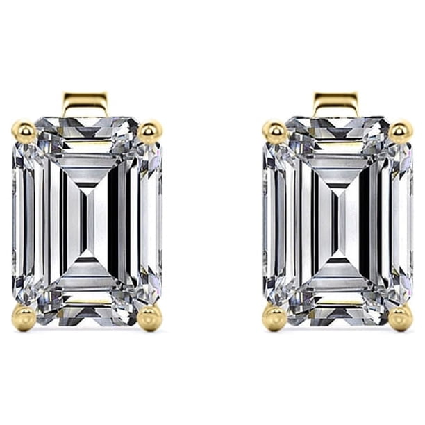 JeenMata Pendientes Minimalistas con Solitario de Moissanita de Talla Esmeralda de 2 Quilates Bañados en Oro Amarillo de 18 K sobre Plata