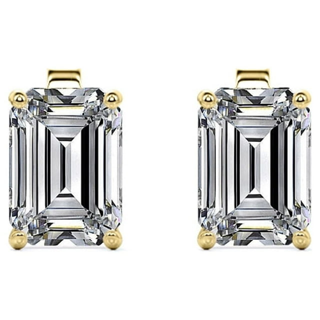 JeenMata Pendientes Minimalistas con Solitario de Moissanita de Talla Esmeralda de 2 Quilates Bañados en Oro Amarillo de 18 K sobre Plata