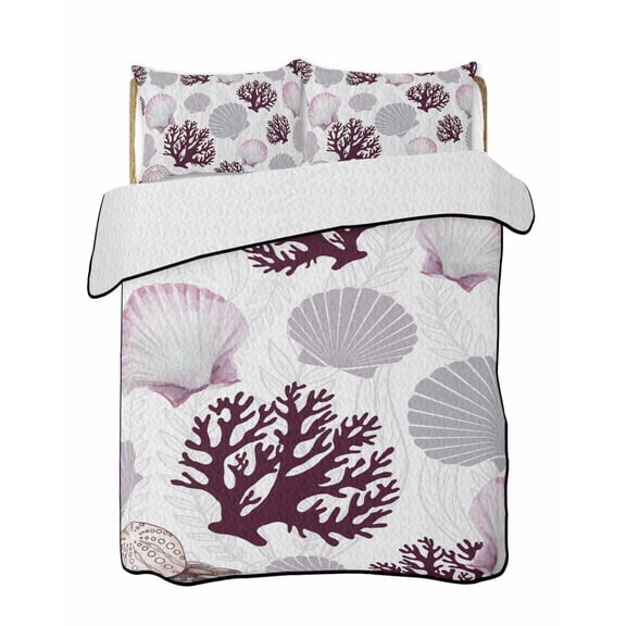 Twin Quilt Bedding Set, Shell Coral Coastal Reversible Summer Quilt 3 Pieces, Nautical Summer Beach Ocean Sea Lightweight Bedspreads Coverlets with 2 Pillow Shams for All Seasons