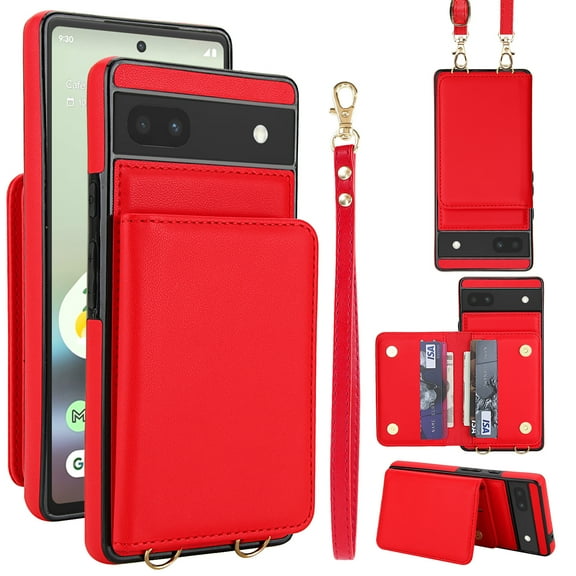 For Google Pixel 8 Phone Case Wallet Card Holder,RFID Blocking PU Leather Back Magnetic Flip Kickstand Folio Case Wrist Lanyard & Crossbody Strap Protective Women Girls Cover,Red