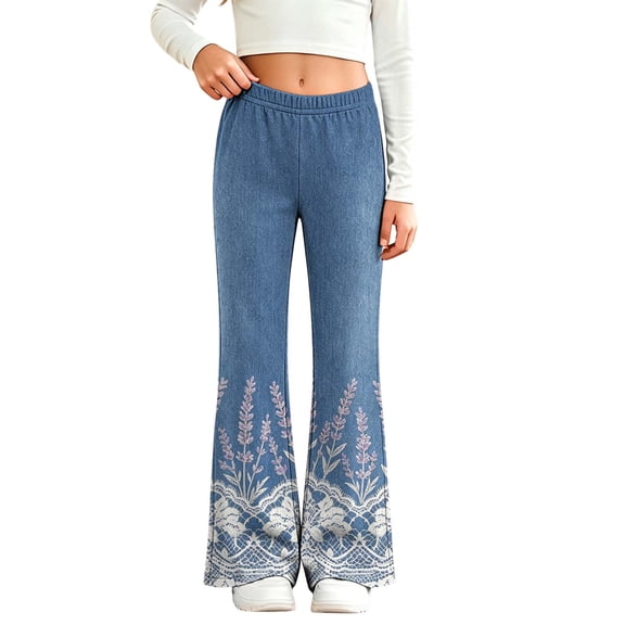 Fancifize Flare Leg Pants for Girls, Elasitc Waist Bell Bottom Pants, Lace Floral Print Retro Trousers 2-13 Years