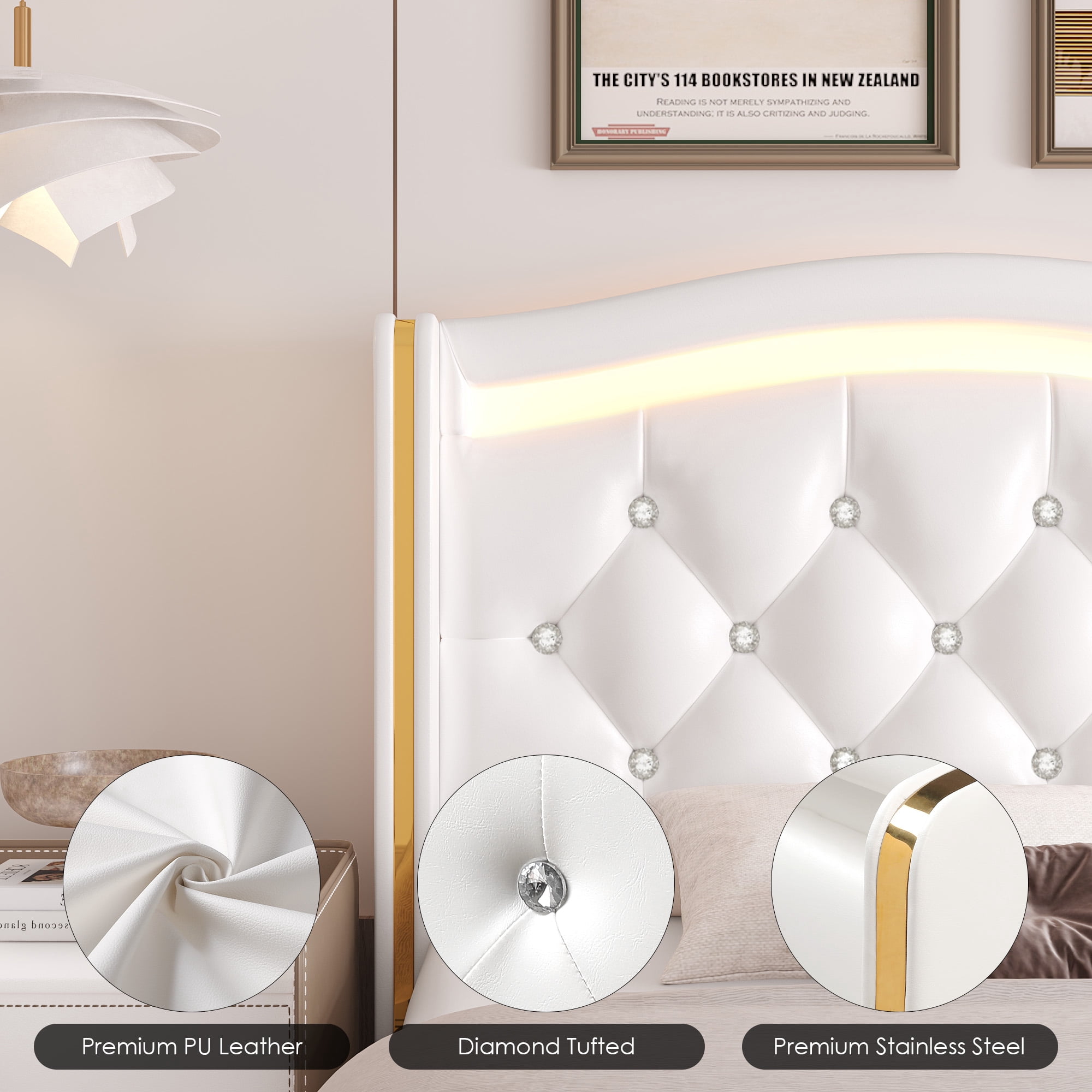 Homfa Twin Size LED Bed Frame with 4 Storage Drawers, PU Leather Upholstered Platform Bed with Crystal Buttons Headboard, White