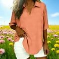 thumbnail image 4 of V-Neck Linen Shirt for Women Collared Elbow-Length Tees Shirts Travel Casual Loose Pullover Classic T-Shirt, 4 of 7