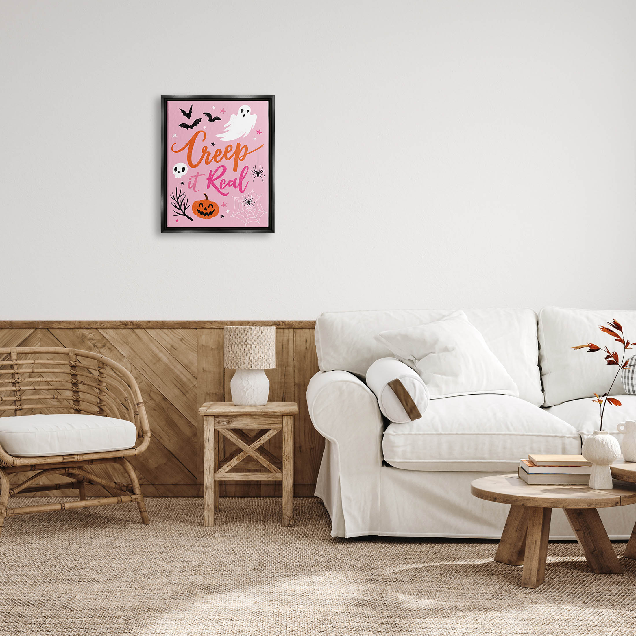 Creep It Real Pink Halloween Phrase Holiday Graphic Art Jet Black Framed Art Print Wall Art