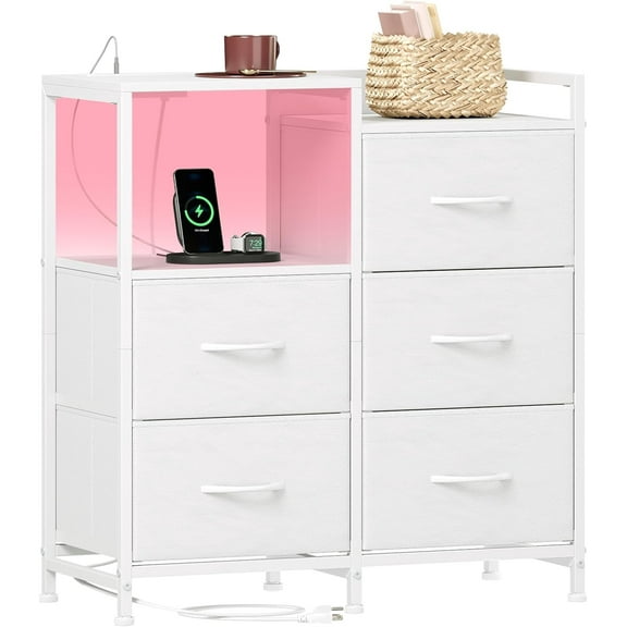 White Nightstand with Charging Station and LED Light, Wide 5 Drawers Dresser for Bedroom with Fabric Bins and Open Shelf for Bedroom Kids Closet Dorm Guest Room, White Leather
