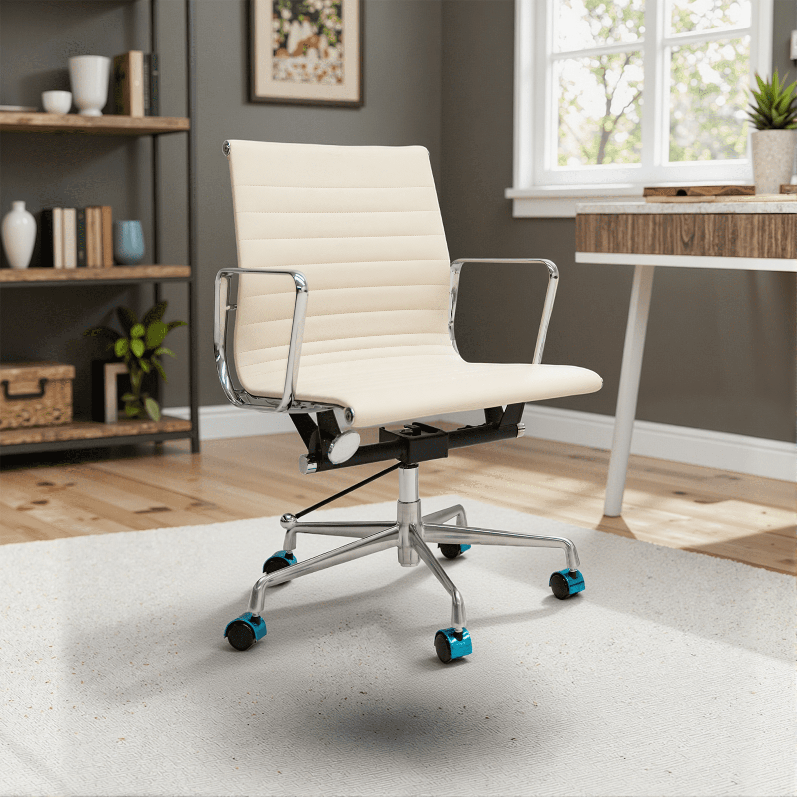 Genuine Leather Swivel Desk Office Chair, Adjustable Aluminum Base Conference Chair for Home Office