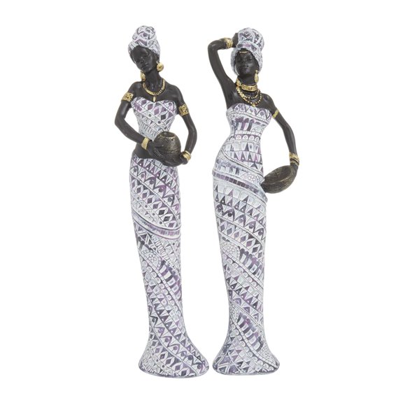 3"W, 13"H Multi Colored Polystone Standing African Woman Sculpture with Intricate Details, by DecMode (2 Count)