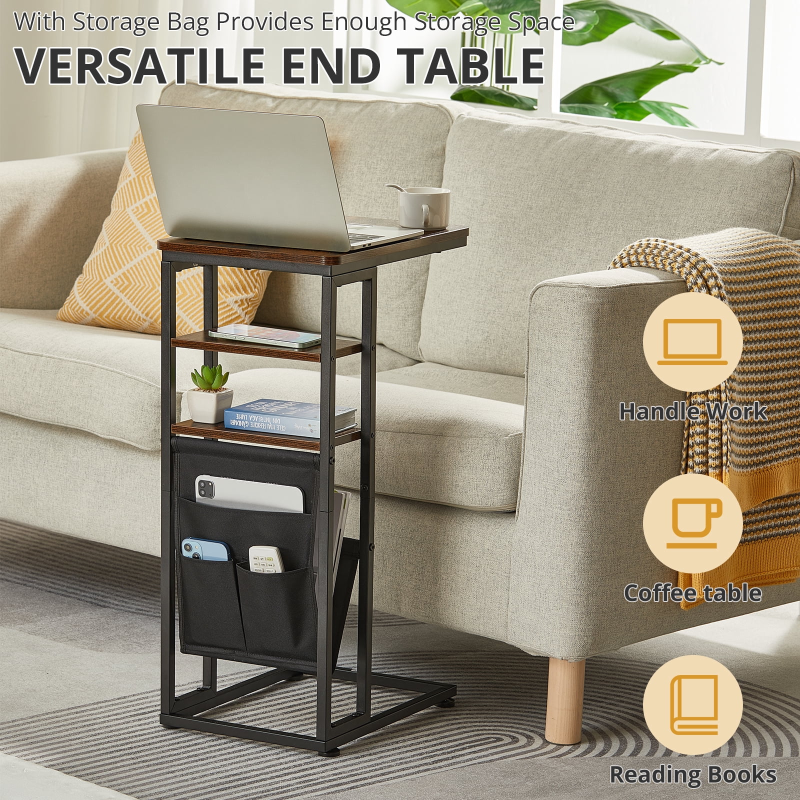 ZEXVIDA C Shaped Side Table, 3 Tier Sofa End Tables with Storage Bag, Sturdy Slide Under Sofa Slim Side Tables with Metal Frame for Small Spaces, Living Room, Bedroom, Industrial (Rustic Brown)
