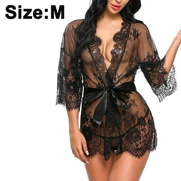 Femmes Lingerie Dentelle Kimono Robe Sexy Manches Larges Ensemble