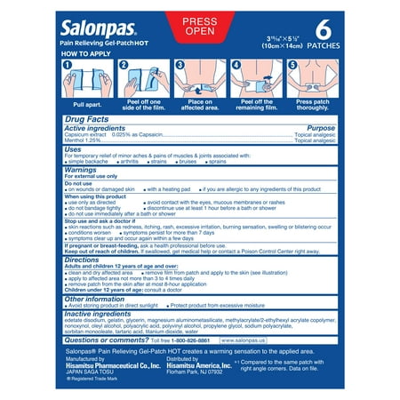 Salonpas Gel-Patch Hot for Pain Relief of Minor Aches & Pains of Muscles & Joints, 6 Count