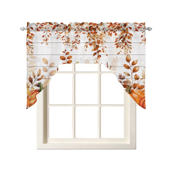 Fall Orange Pumpkins Swag Curtains for Kitchen Thanksgiving Autumn Leaf Wood Grain Valances for Windows Rod Pocket Small Window Treatment Short Topper for Cafe Bedroom Bathroom Living Room 56x36 Inch