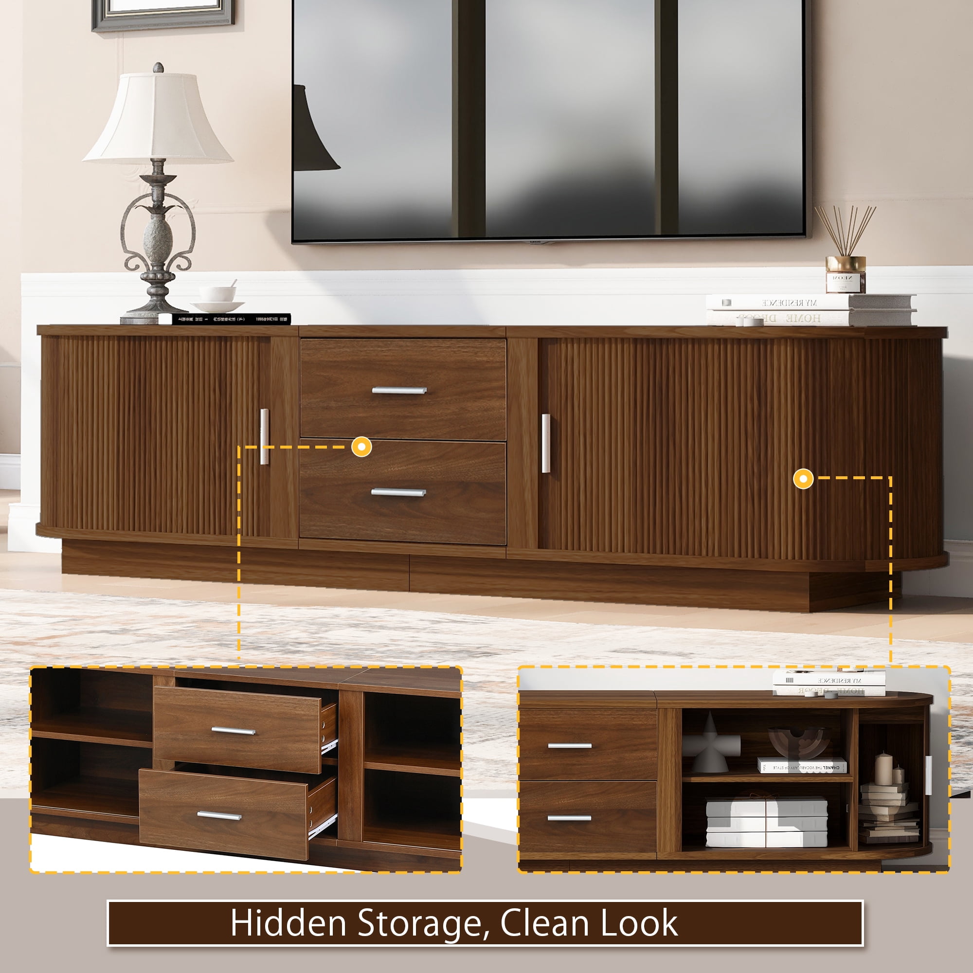 Homy Casa 70.8" TV Stand, Fluted Media Console with Drawers, Walnut Brown