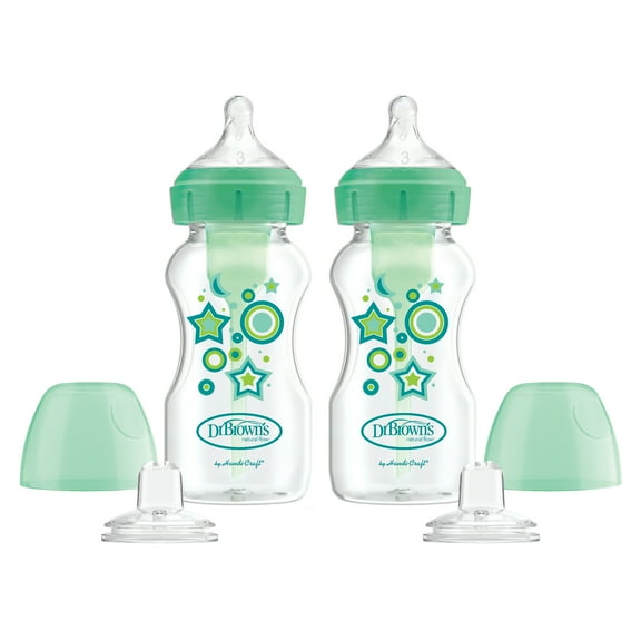 Dr. Brown’s Anti-Colic Options  Wide-Neck Sippy Bottle Starter Kit, 9oz/270ml, Green, BPA Free, 6m , 2 Pack