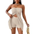 thumbnail image 2 of Women's 2 Piece Outfits 2026 Summer Split Front Strapless Bandeau Tube Top Matching Shorts Clubwear Sets Beige L, 2 of 4