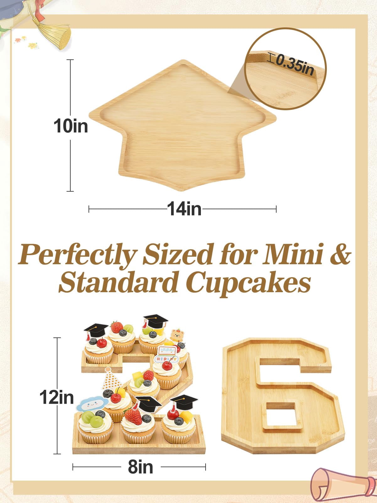 Bamboo 26 Graduation Numbers Charcuterie Fillable Board - Class of 2026 Reusable Food Serving Trays & Graduation Cap Platter, Grad Party Table Decor for Cupcakes, Cookies, Fruits