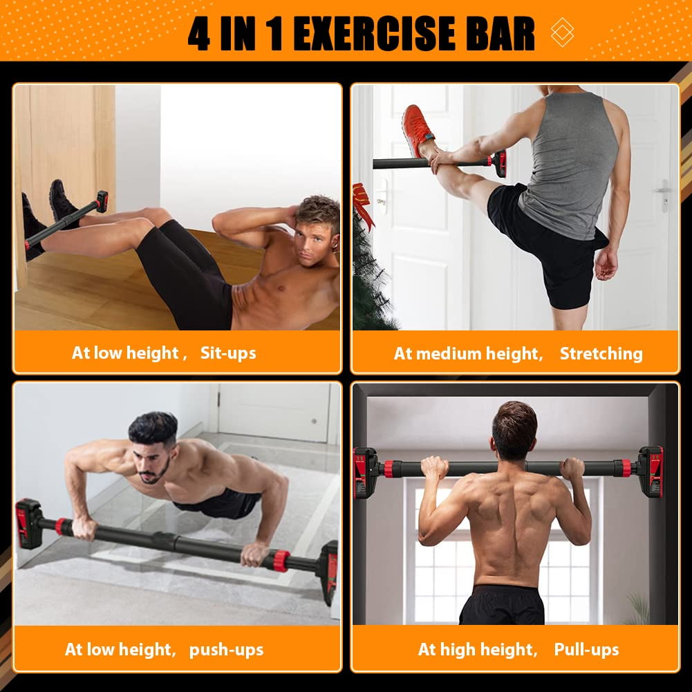 Adjustable Pull Up Bar for Home Gym, Heavy Duty No-Screw Installation Pullup Bar with Level Bubble & 6-Gear Safety Lock, Non-Slip Steel Chin Up Bar for Strength Training