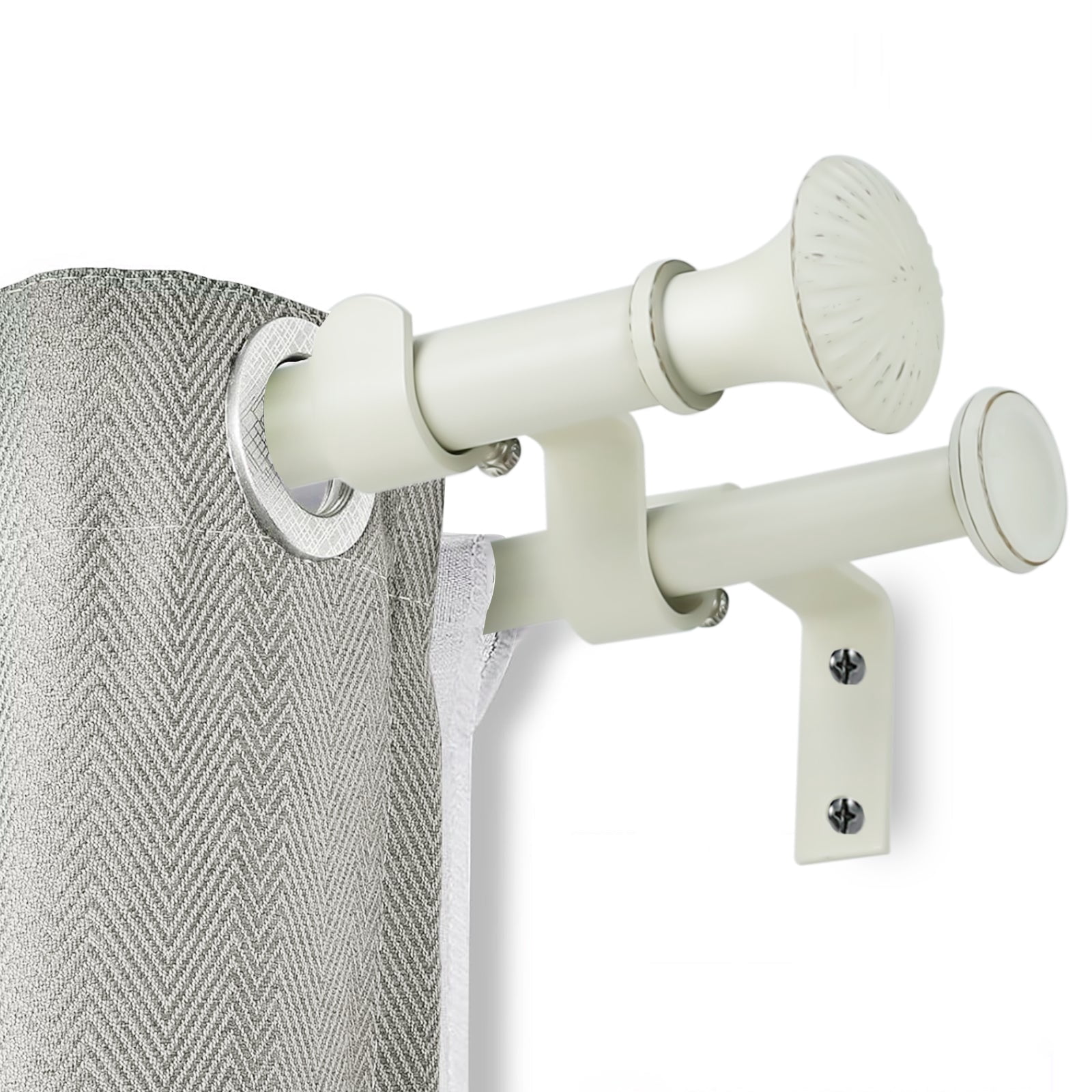 Ridicili 5/8" Telescoping Double Curtain Rods with Trumpet Finials, Weathered White, 84"-120", 5/8 Inches Front and 1/2 Inches Back Double Window Drapery Rod