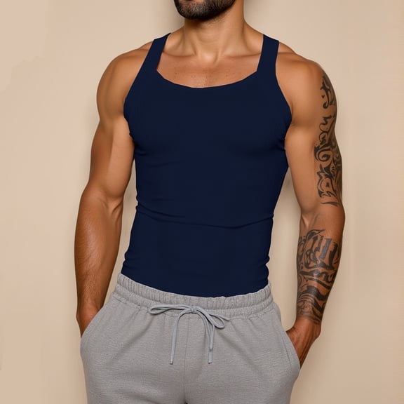 Domuza Tank Top Undershirt Men Casual Workout Gym Sleeveless Square Neckline T Shirts 2026 Summer Stylish Running Training Beach Top Navy M