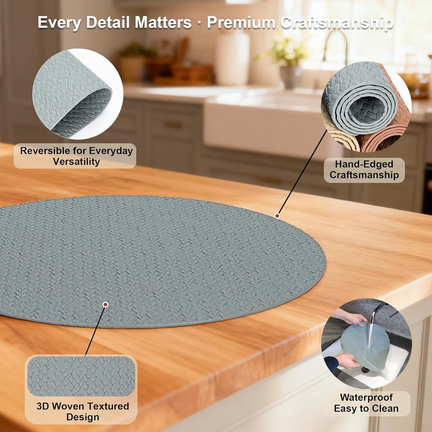 PROMATTOO Round Vinyl Woven Embossed Placemats Set of 6,Faux Leather Waterproof Dining Mat,Cloud Gray