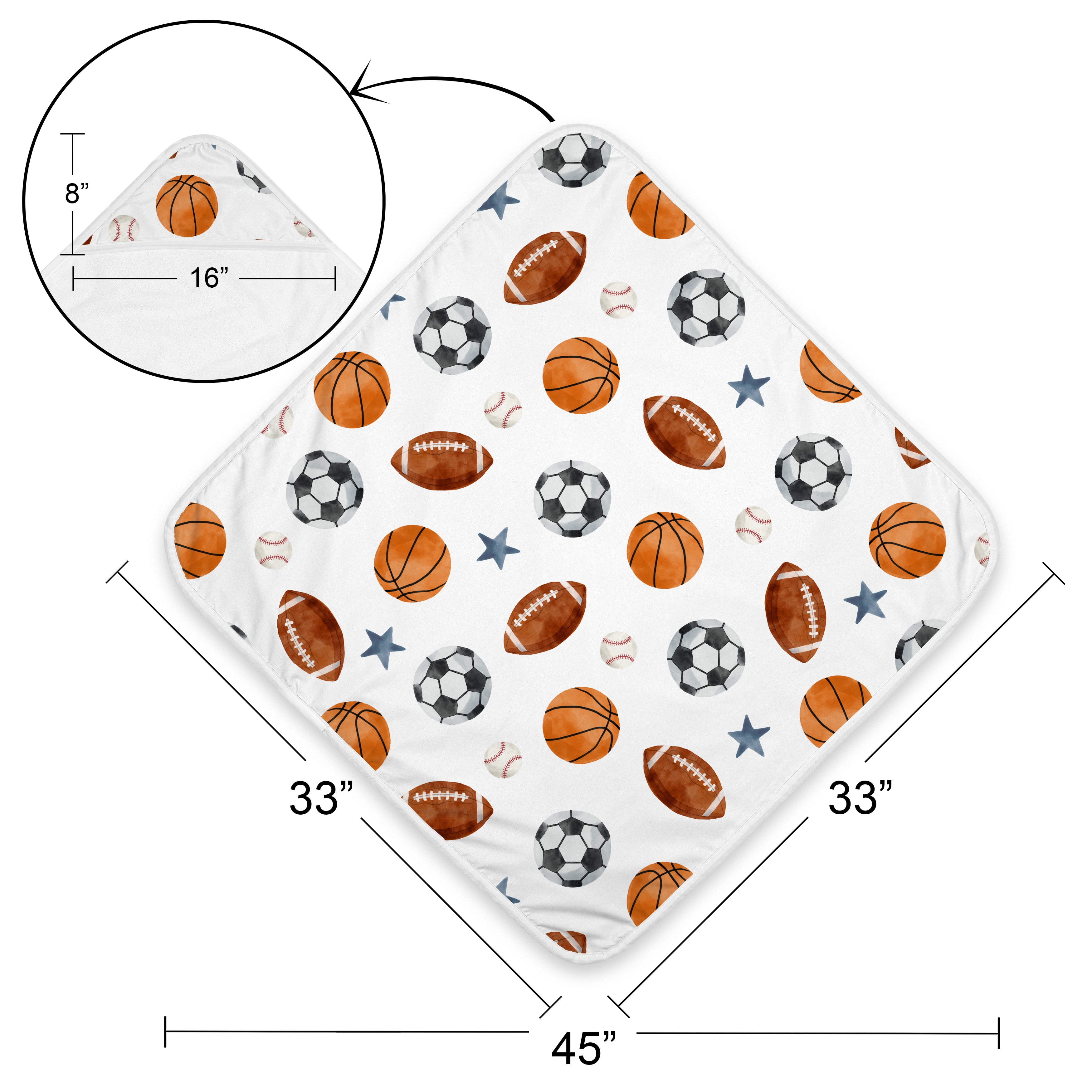 Sweet Jojo Designs Watercolor Sports Theme Boy Hooded Baby Towels - Toddler Bath Towel