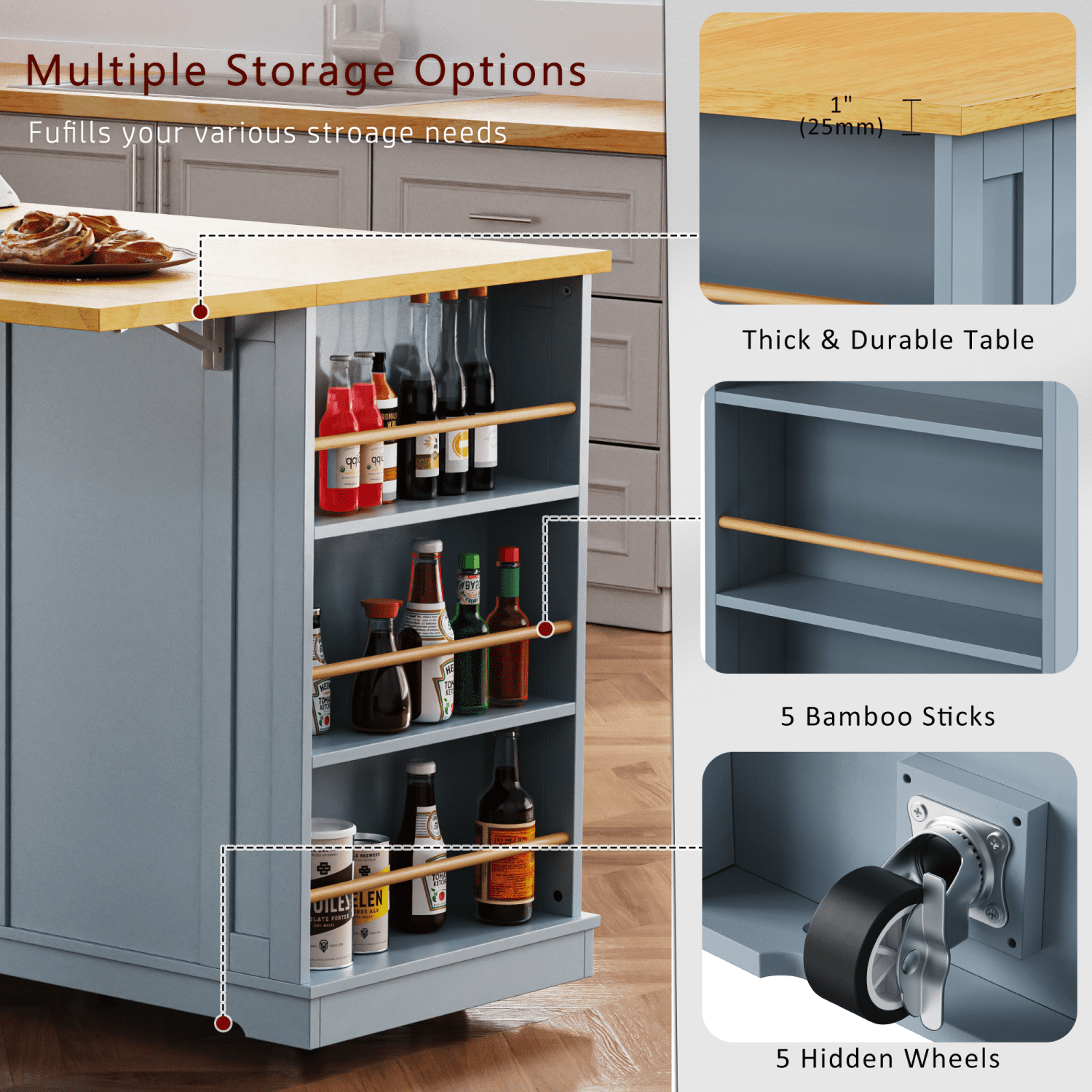 Harper & Bright Designs Large Kitchen Island with 2 Bar Stools and Power Outlet, Kitchen Storage Cart on 5 Wheels with Drop Leaf and Door Internal Storage Rack & 3 Drawers, Grey-Blue