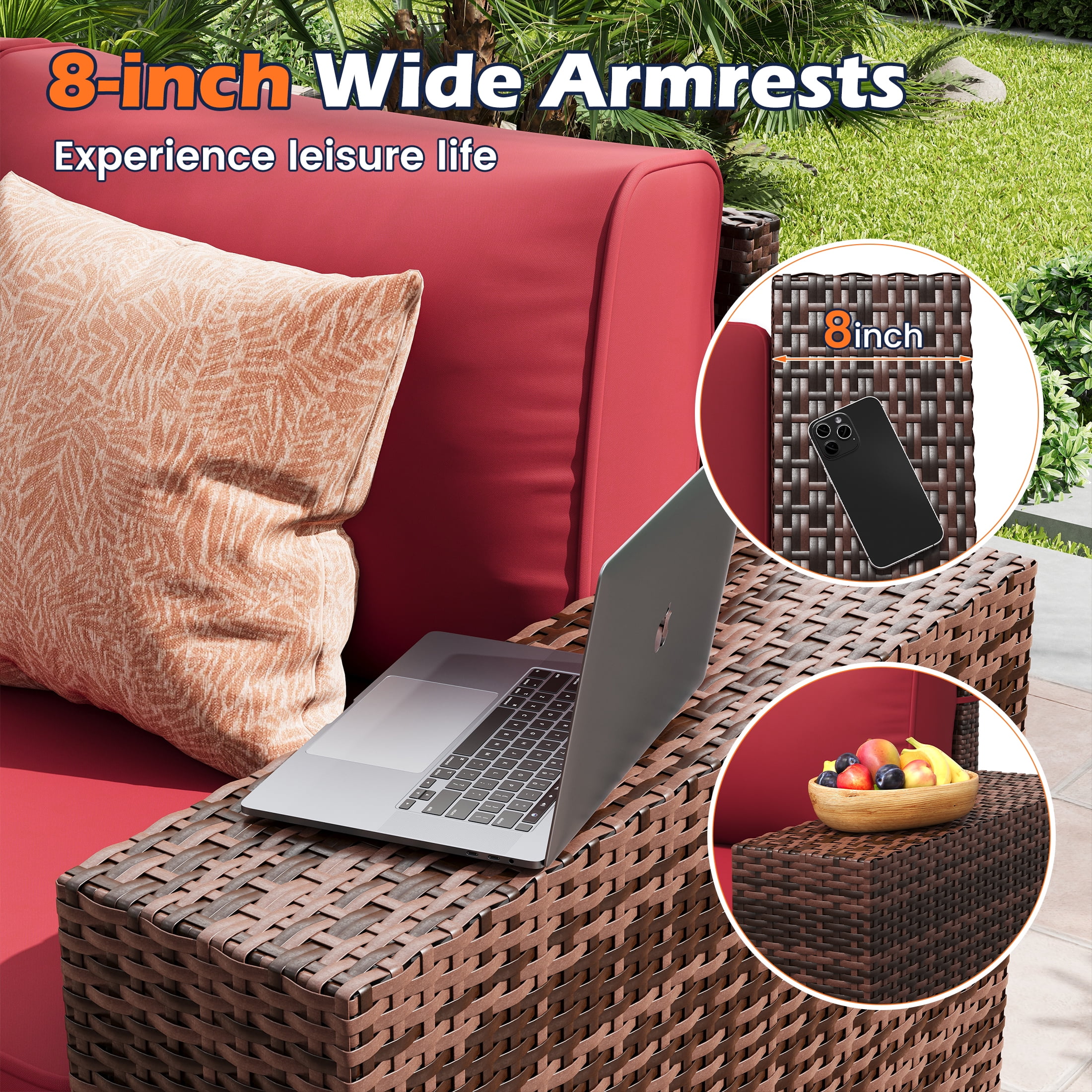 TECHMILLY 6-Piece Patio Furniture Set, Outdoor Patio Sofa Set With Wide Armrest, All-Weather Wicker Rattan Guest Set With Cushion And Glass Table And Waterproof Cover,Brown & Wine Red