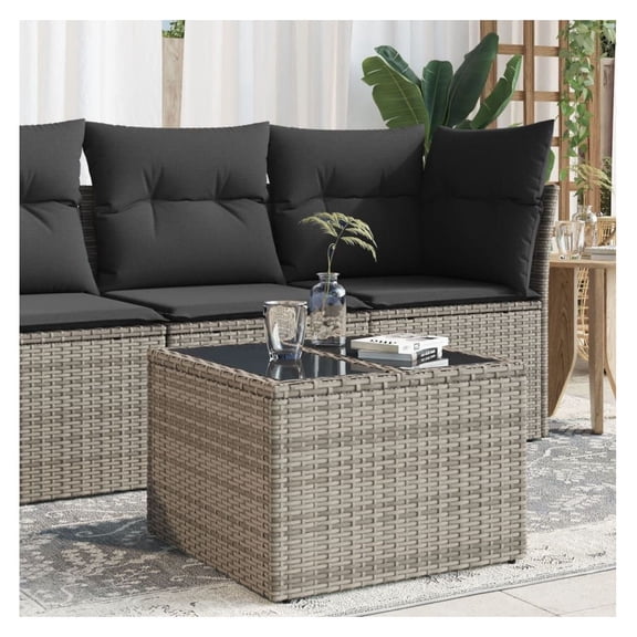 Garden Table Gray PE Rattan, Tempered Glass, Powder-Coated Steel