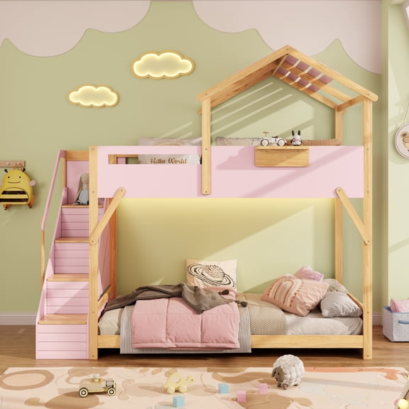 House Bunk Bed with Stairs, Twin Over Twin Bunk Bed with Side Storage & LED Lights, 2 Tone Finish Wood Bunk Bed, Pink