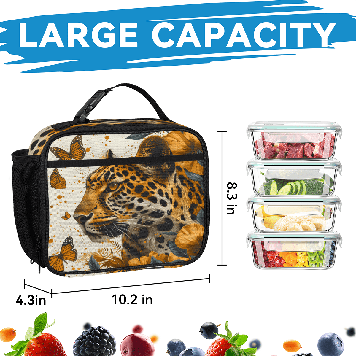 Herdesigns Leopard Backpack with Lunch Box Butterfly Leopard Print Lightweight Large Travel Work Laptop Backpacks Set Casual Daypacks