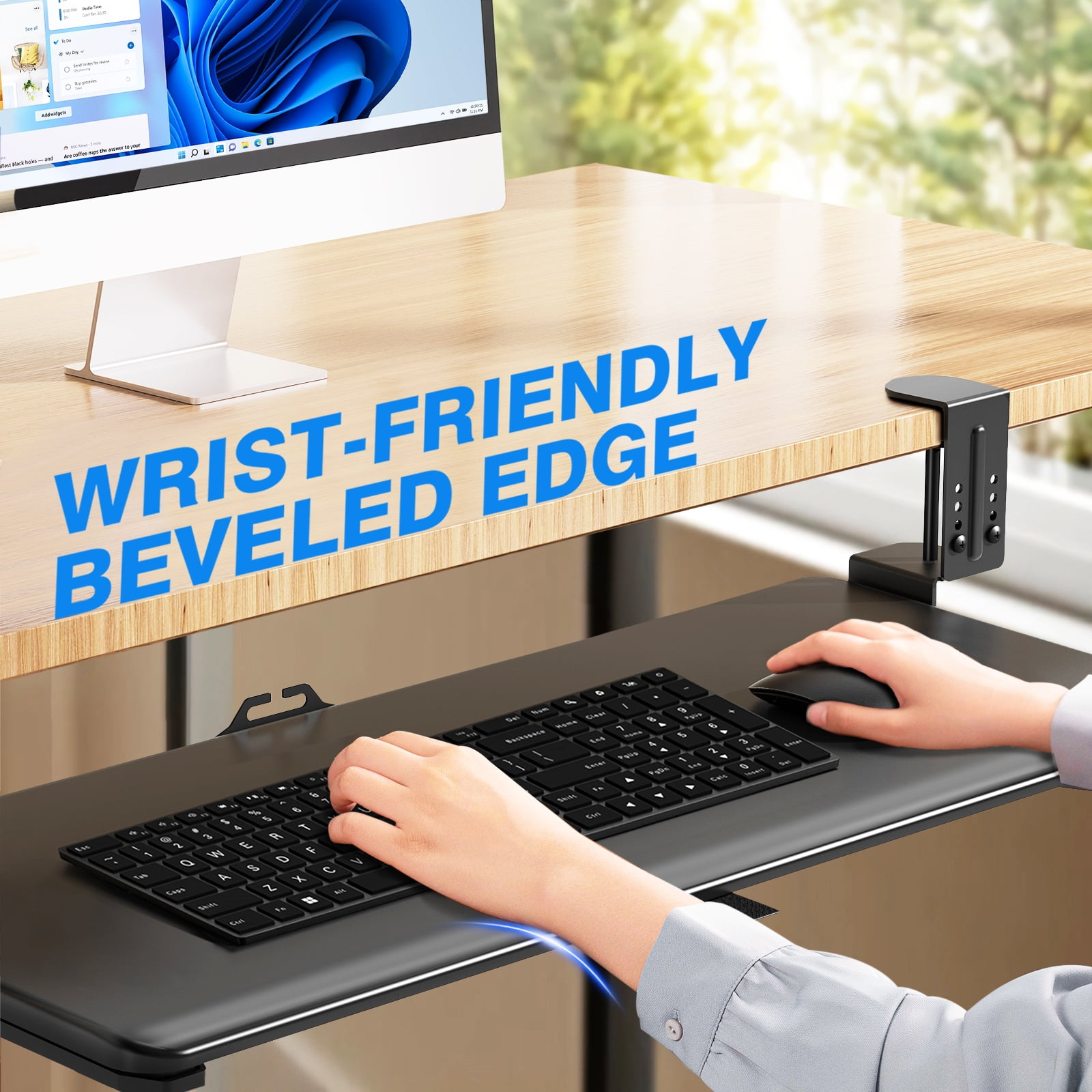 Under Desk Keyboard Tray, 25.6" Extendable Keyboard Tray with 4-Level Height Adjustment, Clamp-On Keyboard Drawer with Cable Management, Holds up to 11 LBS, Black