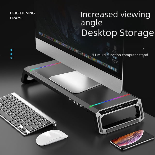 Soporte elevado para monitor de computadora Soporte para computadora Base elevada multifuncional Estante de almacenamiento de escritorio Almacenamiento extendido USB