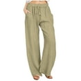 thumbnail image 3 of UVEASISHA Linen Pants for Women Solid Casual Palazzo Pants with Side Split Baggy Comfy Summer Lounge Pants Khaki M, 3 of 10