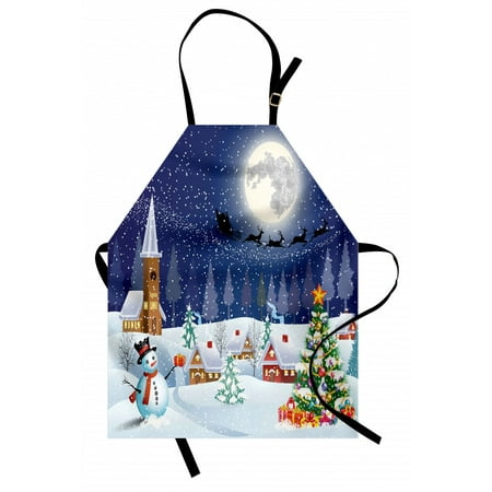 

Christmas Apron Winter Season Snowman Xmas Tree Santa Sleigh Moon Present Boxes Snow and Stars Unisex Kitchen Bib Apron with Adjustable Neck for Cooking Baking Gardening Blue White by Ambesonne