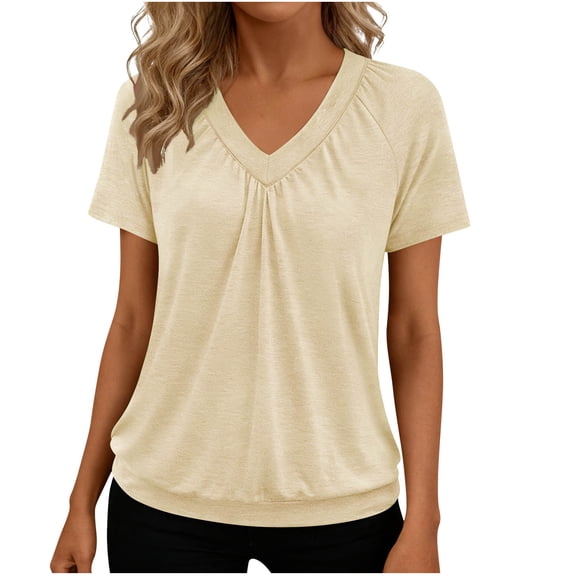 Womens Tops Short Sleeve V Neck T Shirts 2026 Spring Summer Beach Vacation Clothes Casual Loose Ruched Top