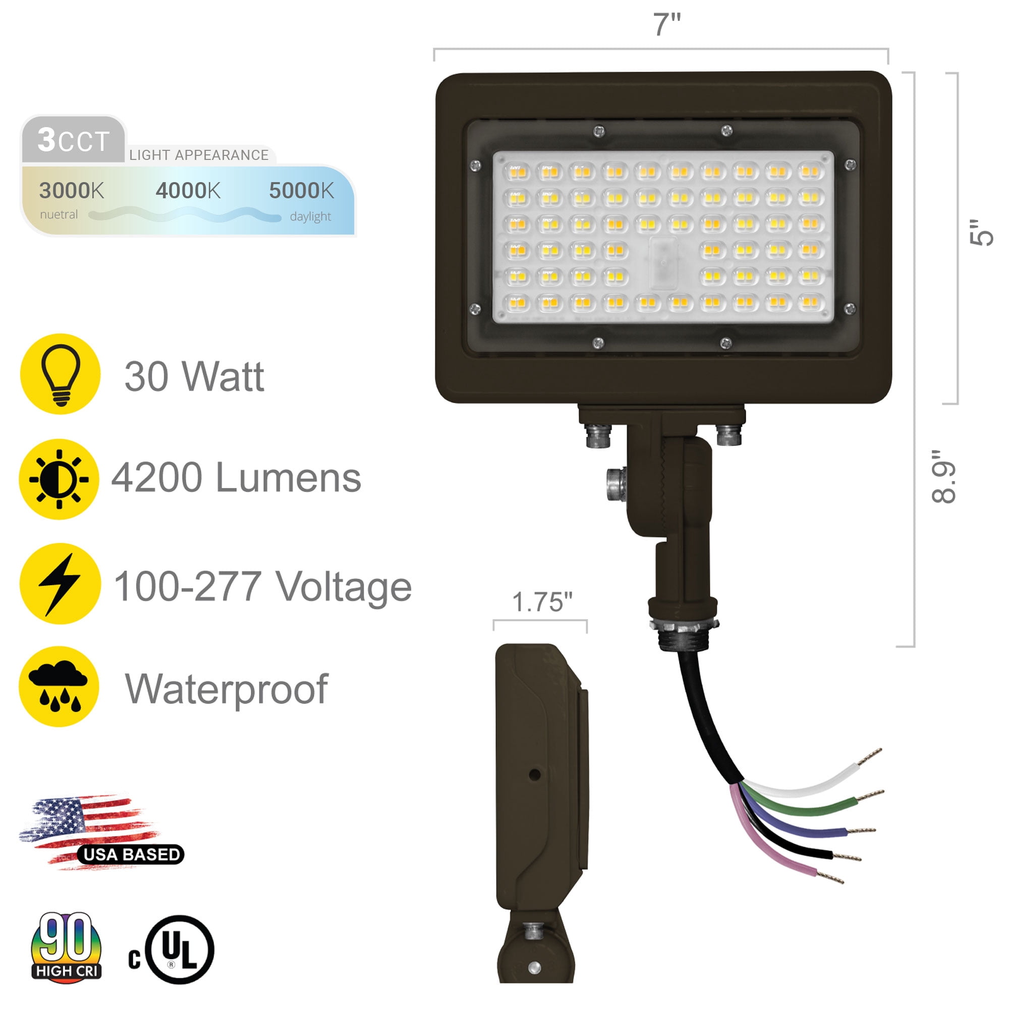 NUWATT 30W LED Flood Light, 3CCT 3000K/4000K/5000K Selectable, IP65 Waterproof Lighting, Adjustable Knuckle Mount, 4200LM, 0-10V Dimmable, 120-277V, Outdoor Security Floodlight for Yard, Bronze, UL
