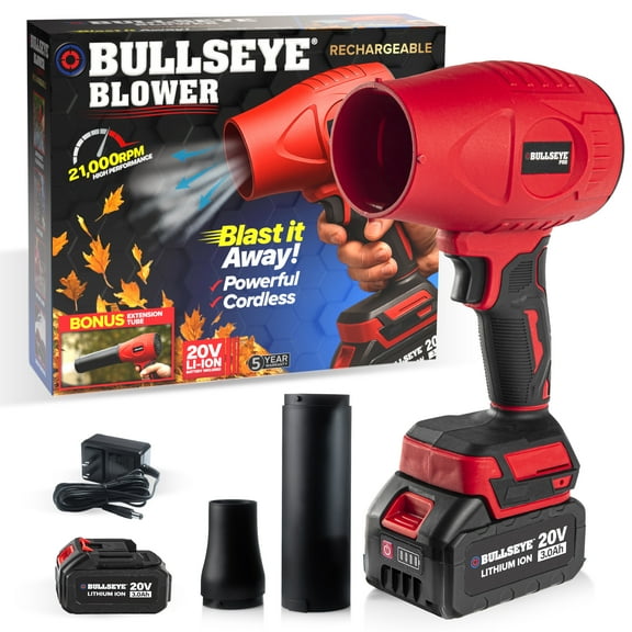 Bullseye Blower Rechargeable Cordless Leaf Dust Air Blaster 21,000 RPM with 20V Battery and Charger