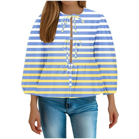 BUIgtTklOP no boundaries Womens Tie Bow Front Peplum Tops Babydoll Long Sleeve Summer Stripe Ruffle Blouse Lace Up Plus Size Shirts
