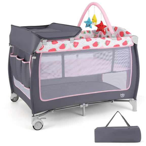 Babyjoy 3 in 1 Baby Playard Portable Infant Nursery Center with Zippered Door Pink & White