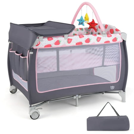 Babyjoy 3 in 1 Baby Playard Portable Infant Nursery Center with Zippered Door Pink & White