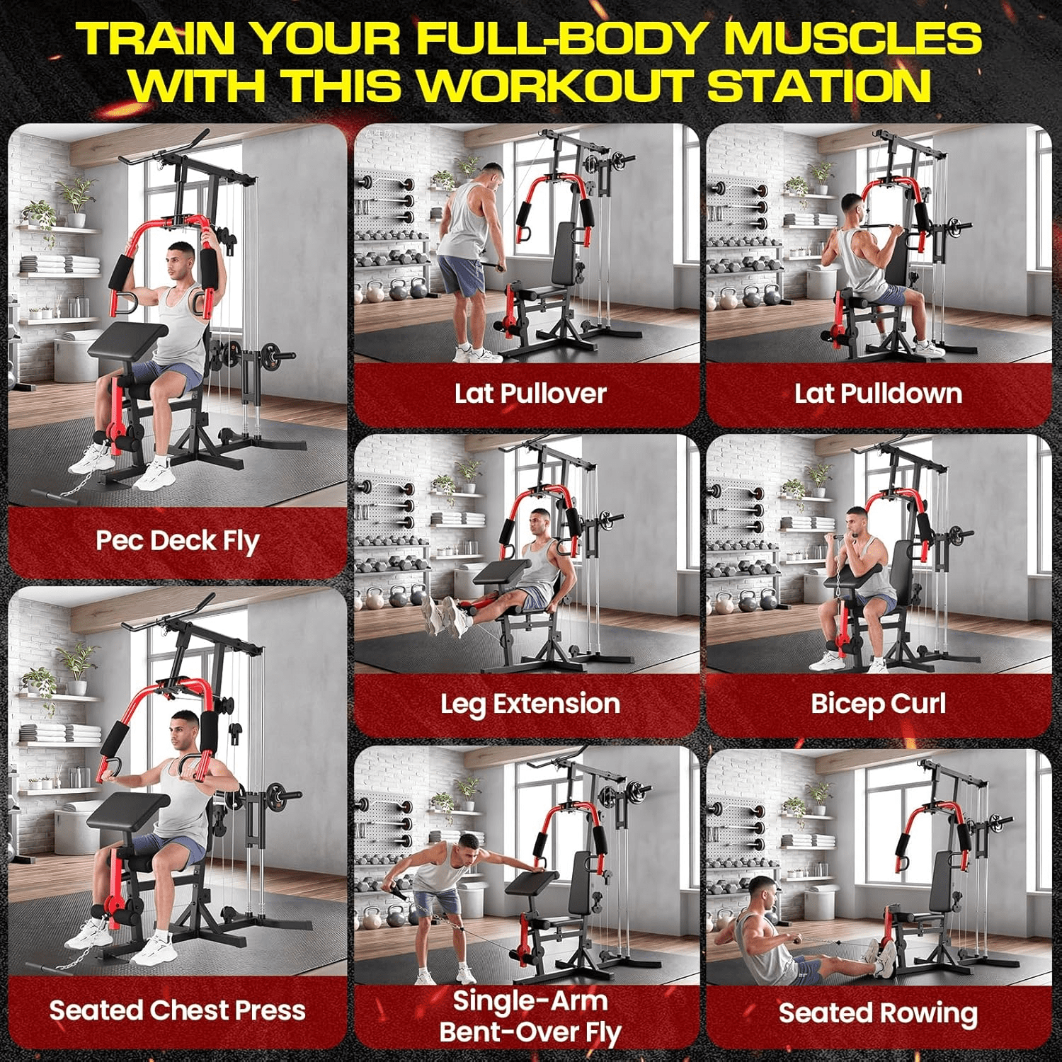 VIBESPARK Multifunctional Home Gym Equipment, All in One Workout Station with Pulley System & Seated Rowing, Adjustable Exercise Equipment for Full Body Strength Training