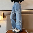 thumbnail image 4 of Virmaxy Solid Color Frayed Hem Butterfly Jeans Mid Elastic Waist Wide Leg Loose Casual Summer Outerwear Denim Pants for 5-15 Years Blue, 4 of 9