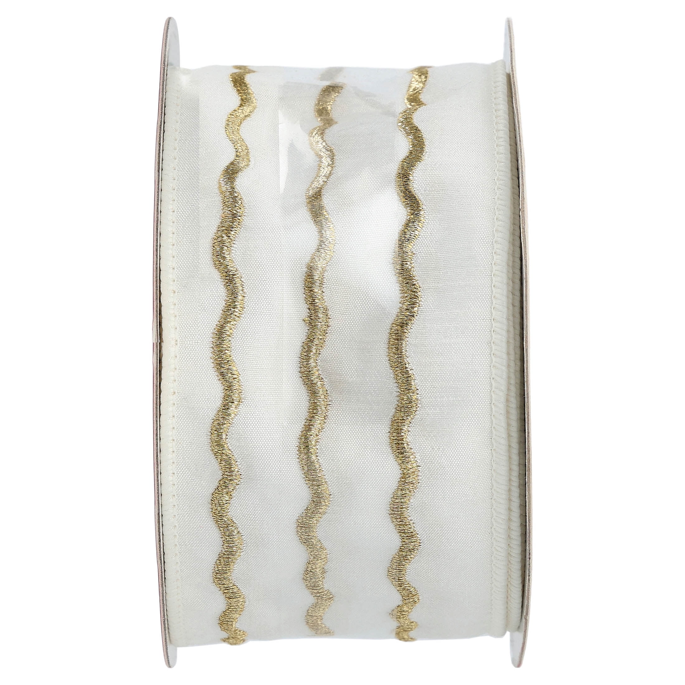 White and Gold Wavy Stripe Christmas Ribbon, 2.5" x 12', by Holiday Time