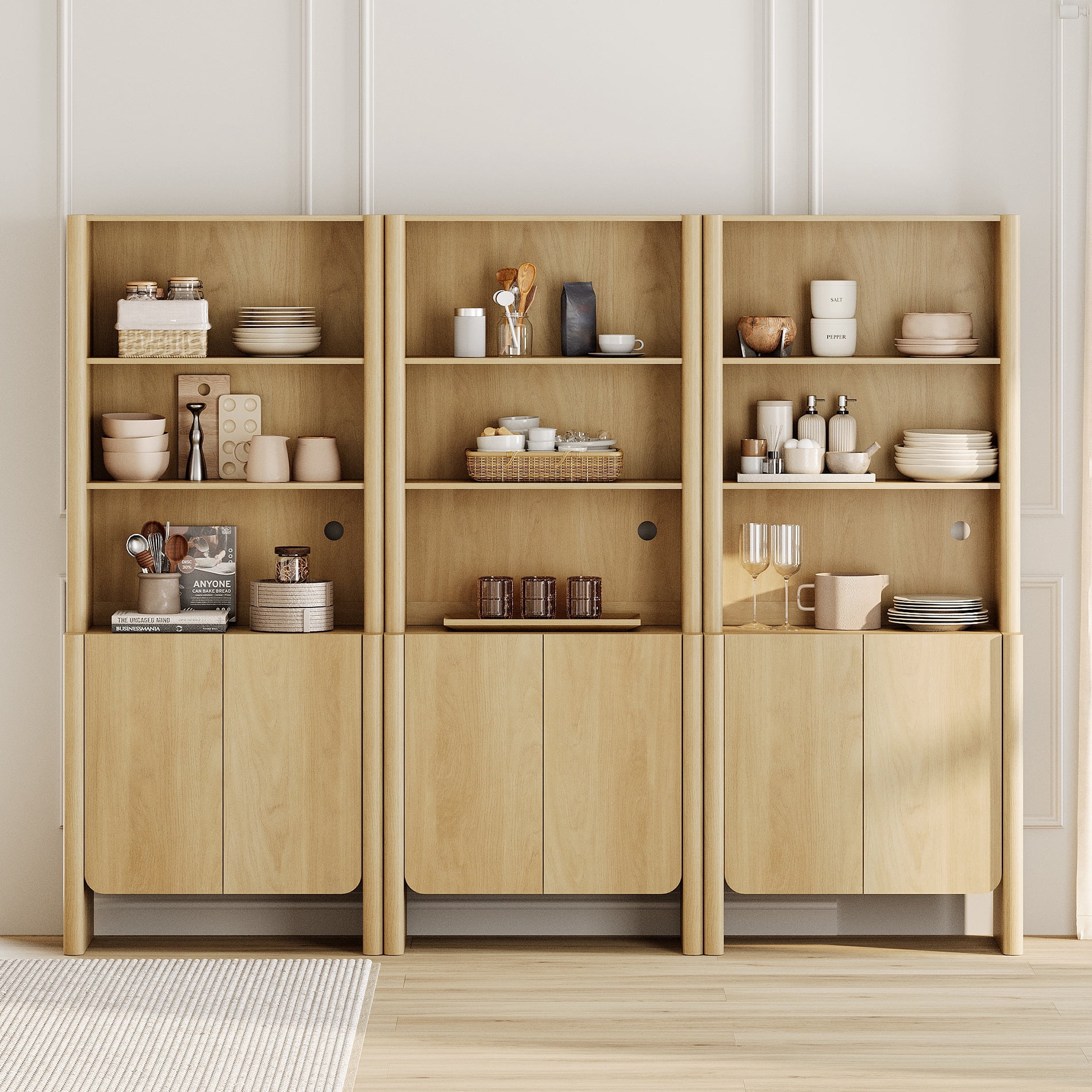 94.5-Inch Modern French Bookcase with Curved Edges, Doors and Open Shelves, 72.8" Tall, Oak