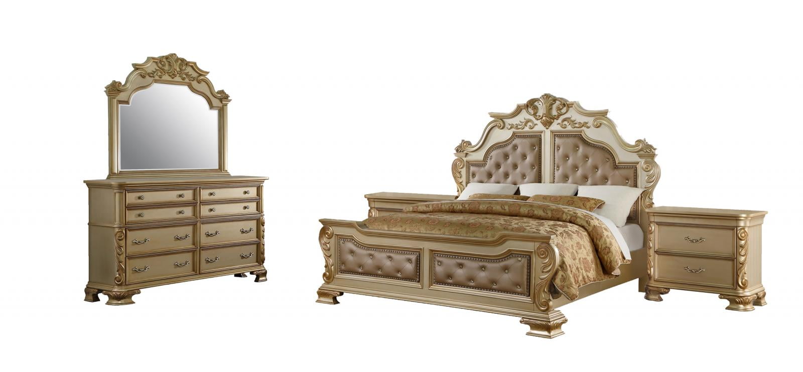 Gold Finish Wood King Bedroom Set 5Pcs Traditional Cosmos Furniture