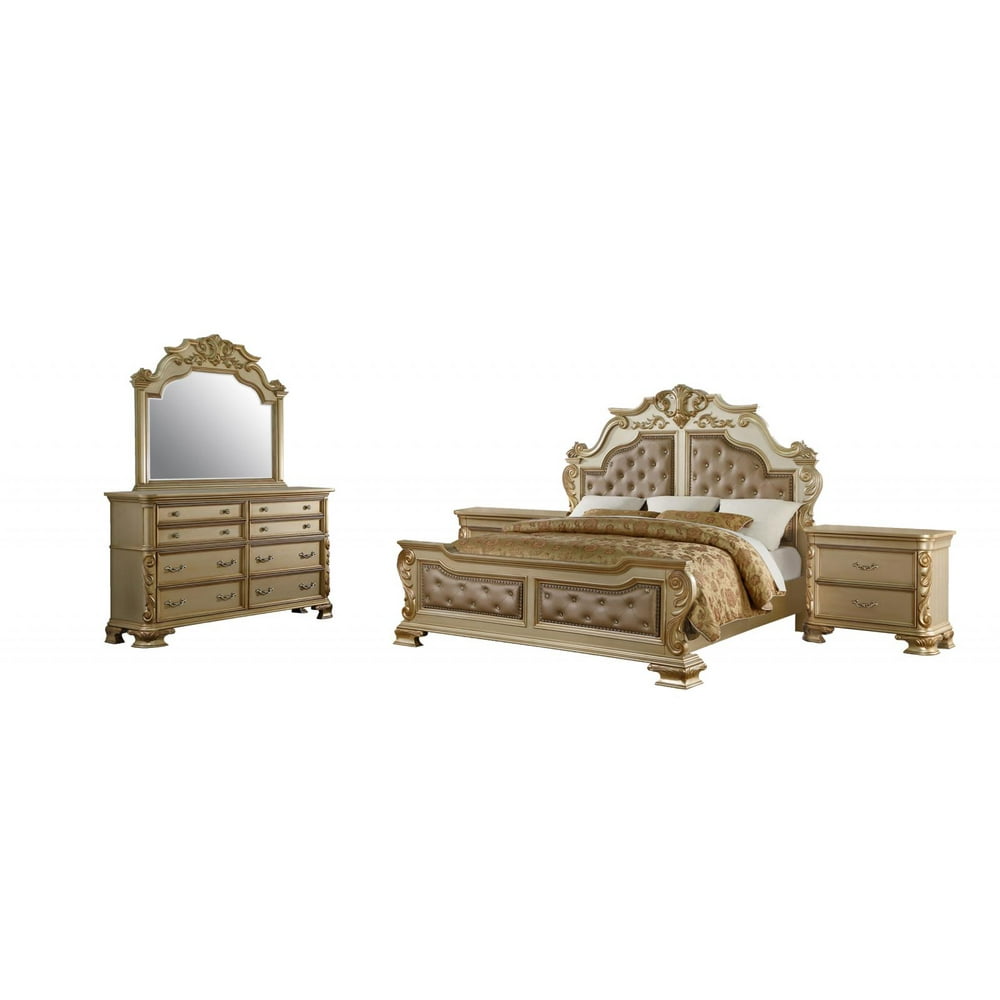 Gold Finish Wood King Bedroom Set 5Pcs Traditional Cosmos Furniture